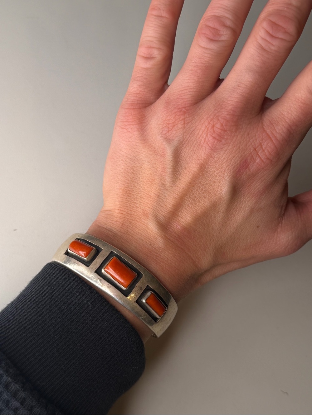 Native American Sterling Silver Row Cuff Mediterranean Red Coral